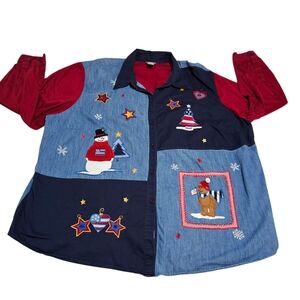 Fashion Bug Patchwork Christmas Shirt Cotton Blue / Red Plus Size 30/32 W